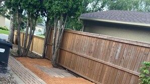 A paved pathway leading to a wooden fence, with a brick patio and mulch on the ground.