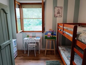 Ein Kinderzimmer mit Etagenbett, Schreibtisch und Stuhl sowie einem Fenster mit Jalousien.