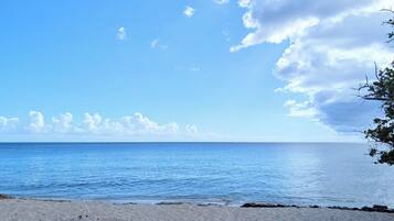 Une plage avec un ciel dégagé et une eau calme.