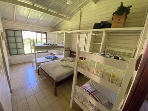 A dormitory room with bunk beds, a window, and a ceiling fan.
