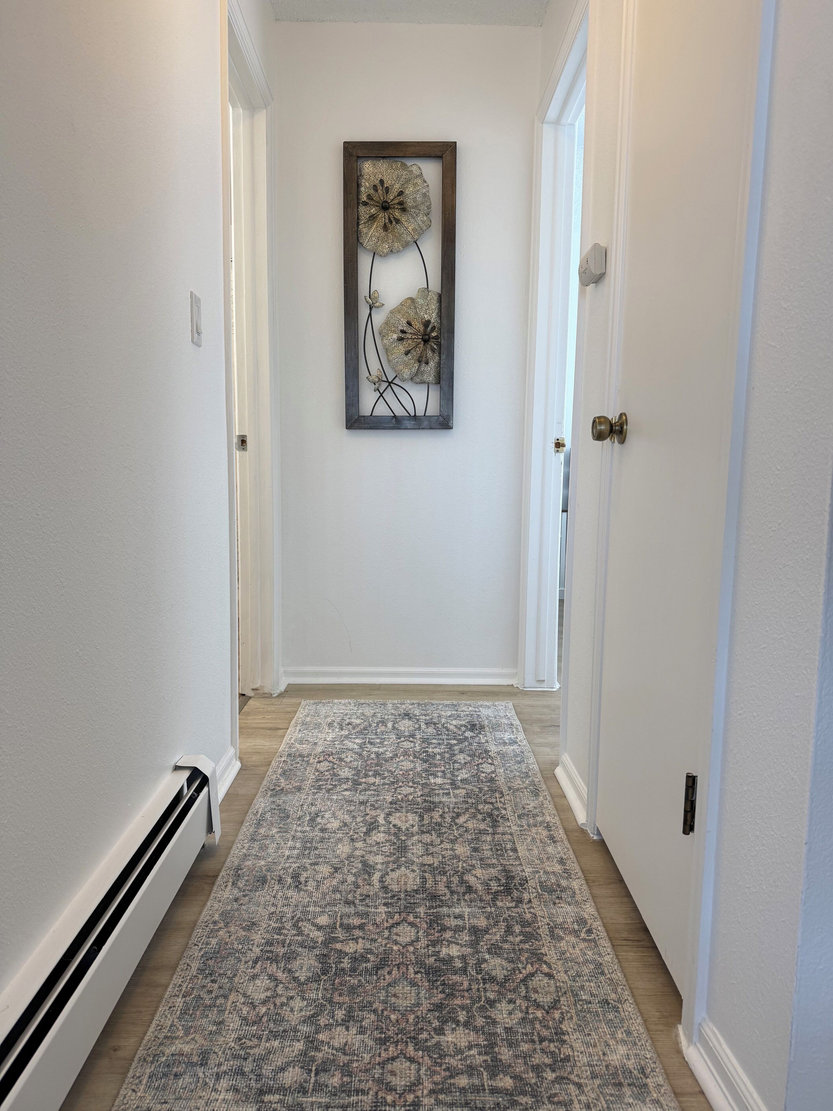 A hallway with a patterned rug, a framed artwork on the wall, and a door at the end.
