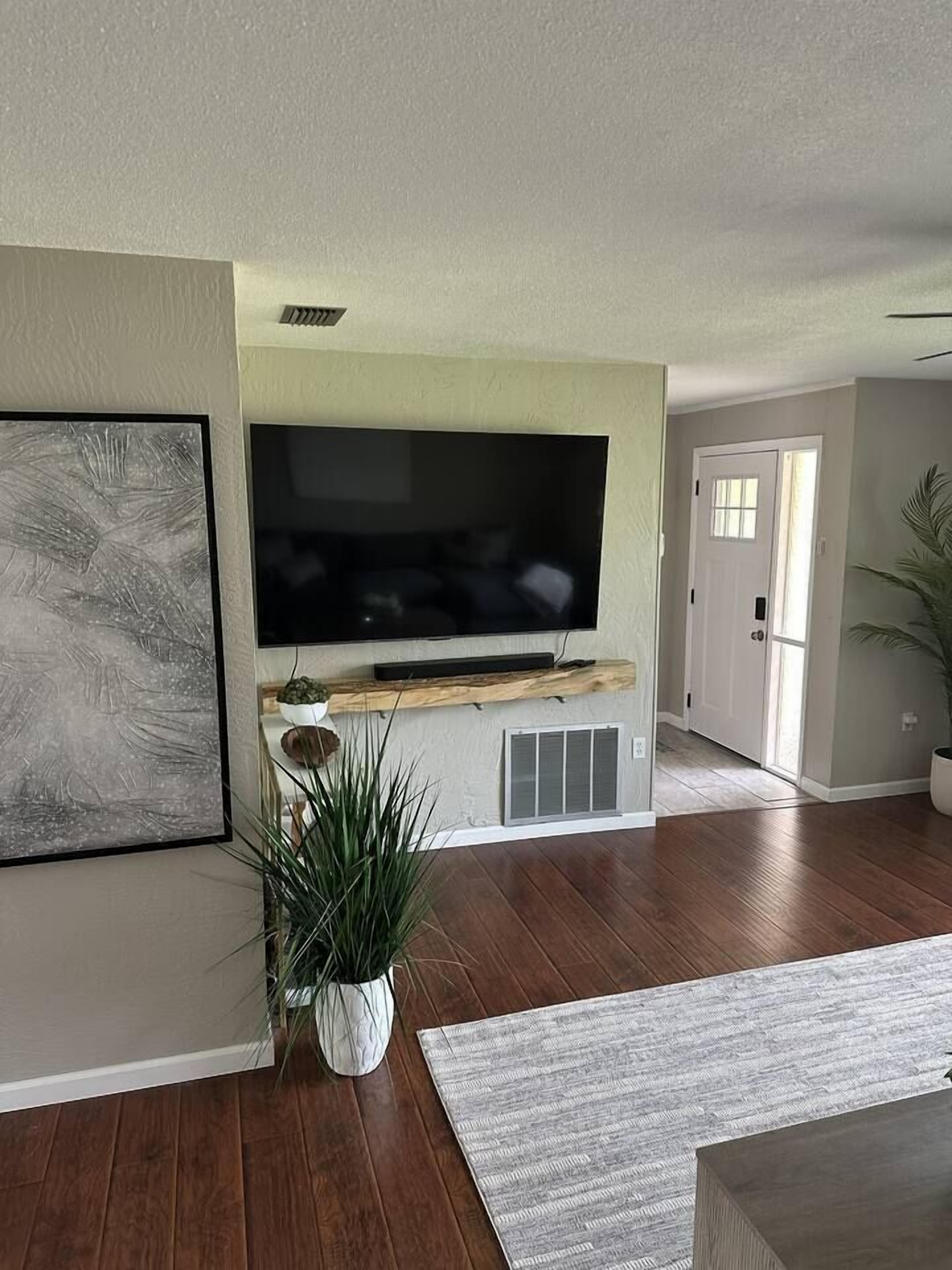 A living room with a flat-screen TV mounted on a wall, wooden flooring, a potted plant, and a framed artwork.