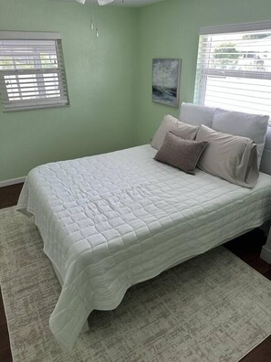 A bedroom with a bed, a window with blinds, a painting on the wall, and a rug. - Palm Harbor Retreat  2BR / 2BA Home (Palm Harbor)