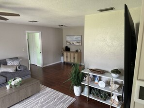 A living room with a sofa, coffee table, and a plant. There is a television on a stand and a cabinet in the background. - Palm Harbor Retreat  2BR / 2BA Home (Palm Harbor)