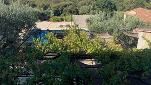 Ein Weinberg mit Schwimmbad und Blick auf die umliegende Landschaft.