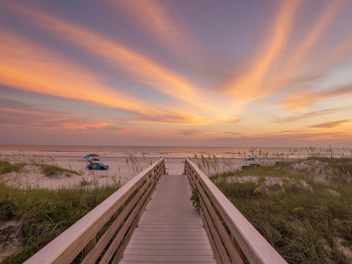 A wooden boardwalk leading to a beach with a sunset in the background.