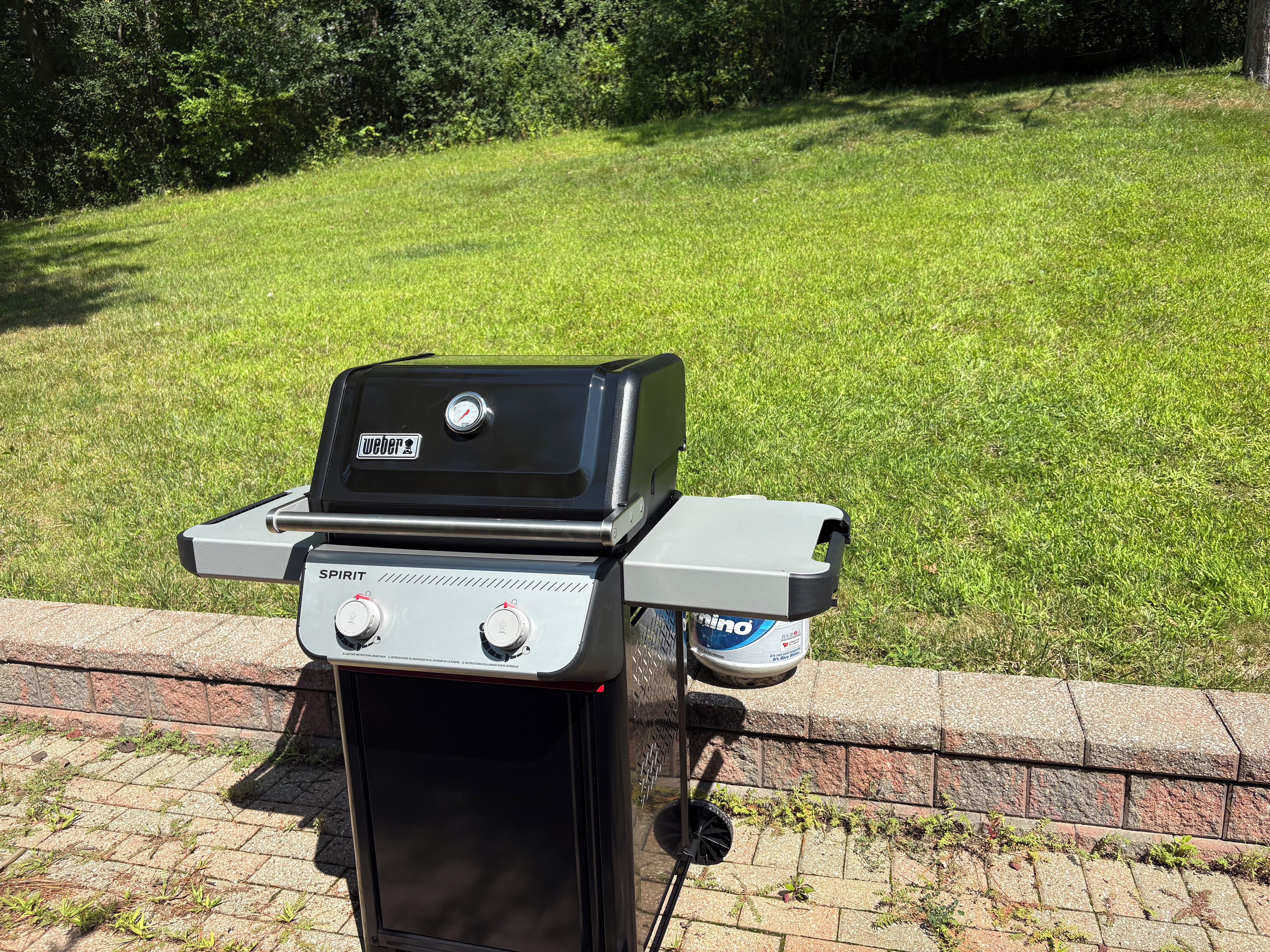 Ein tragbarer Weber Spirit Grill mit Seitenbrenner, platziert auf einem Backsteinvorsprung.