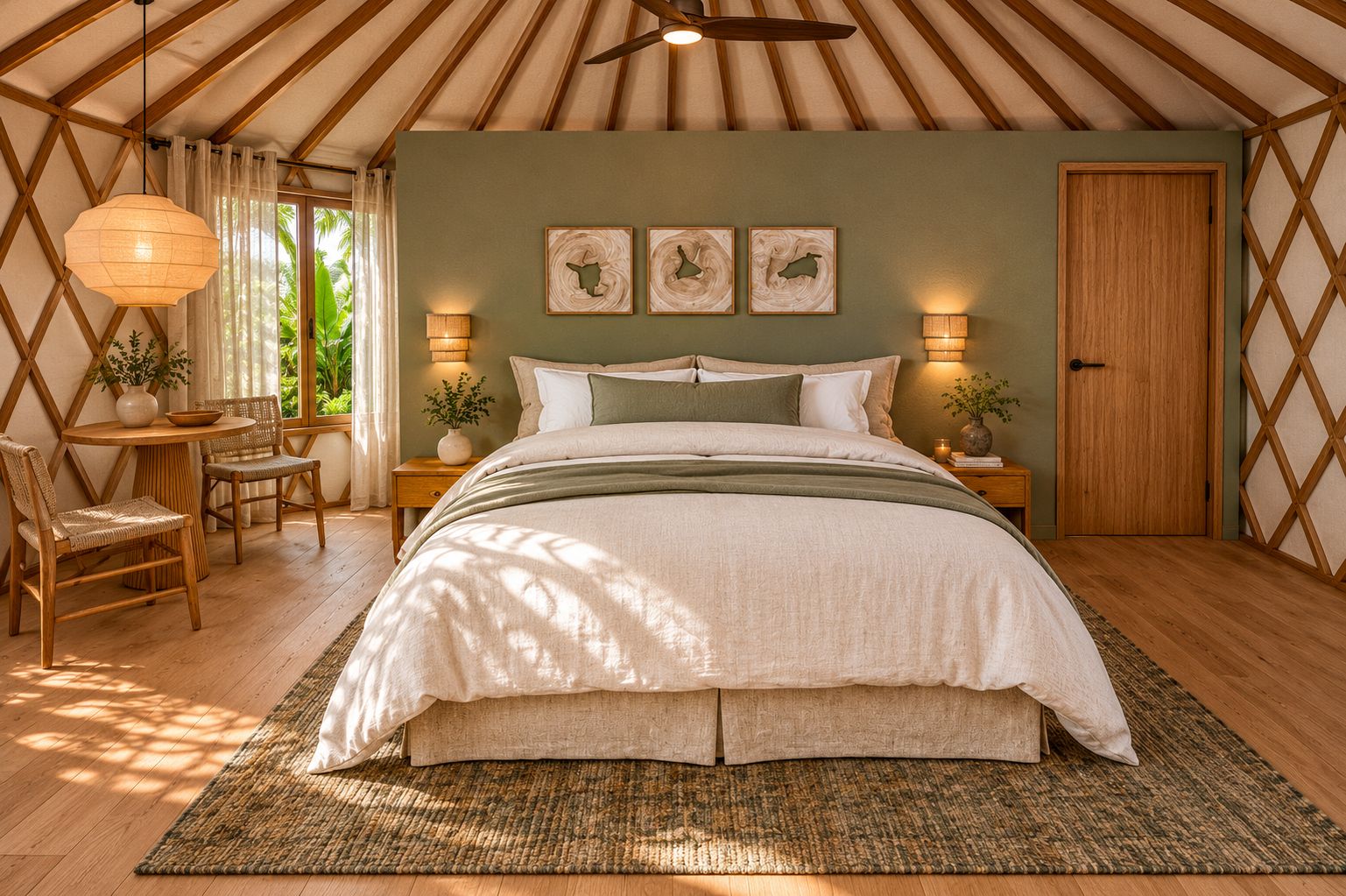 Un dormitorio acogedor con cama, mesitas de noche, un escritorio y sillas.