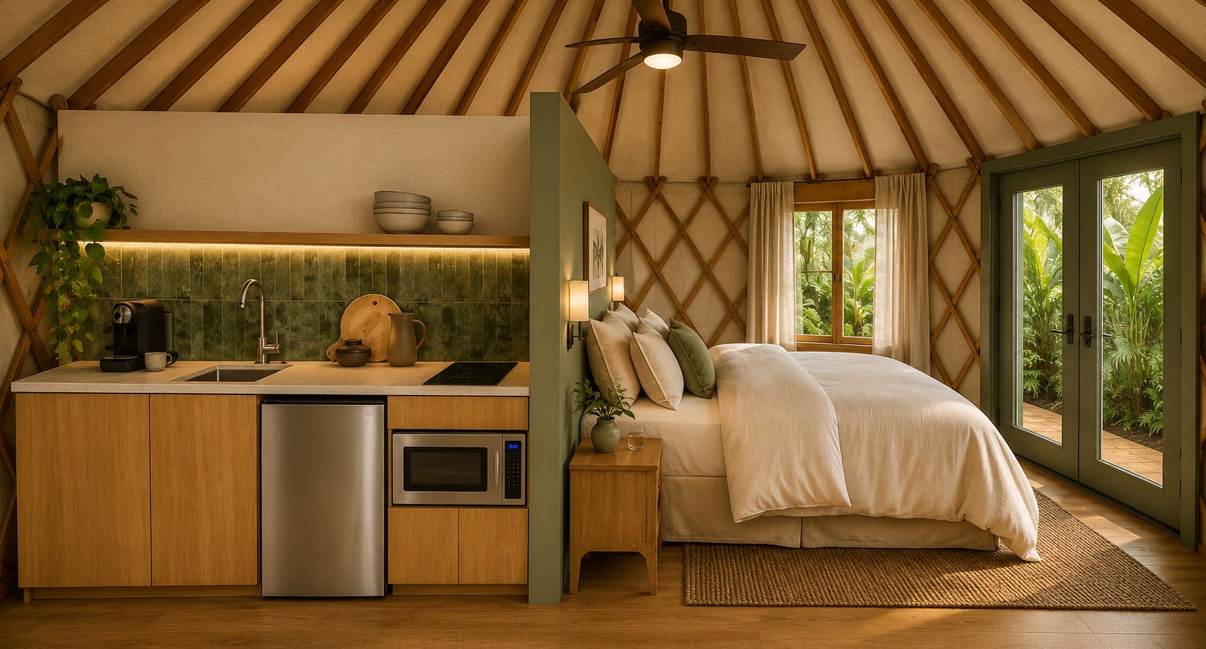 A compact bedroom with a bed, bedside table, and a view of greenery through a window.