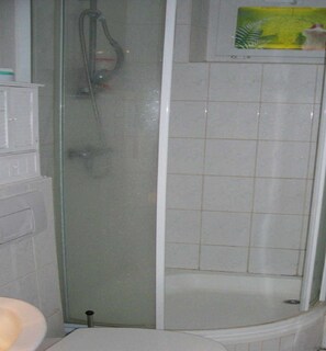 A bathroom with a glass-enclosed shower, a toilet, and a sink. - Hamburg: 3-room apartment, 50 square meters, 3 beds, lodging, vacation rental—including LAST-MINUTE deals (Hamburg)
