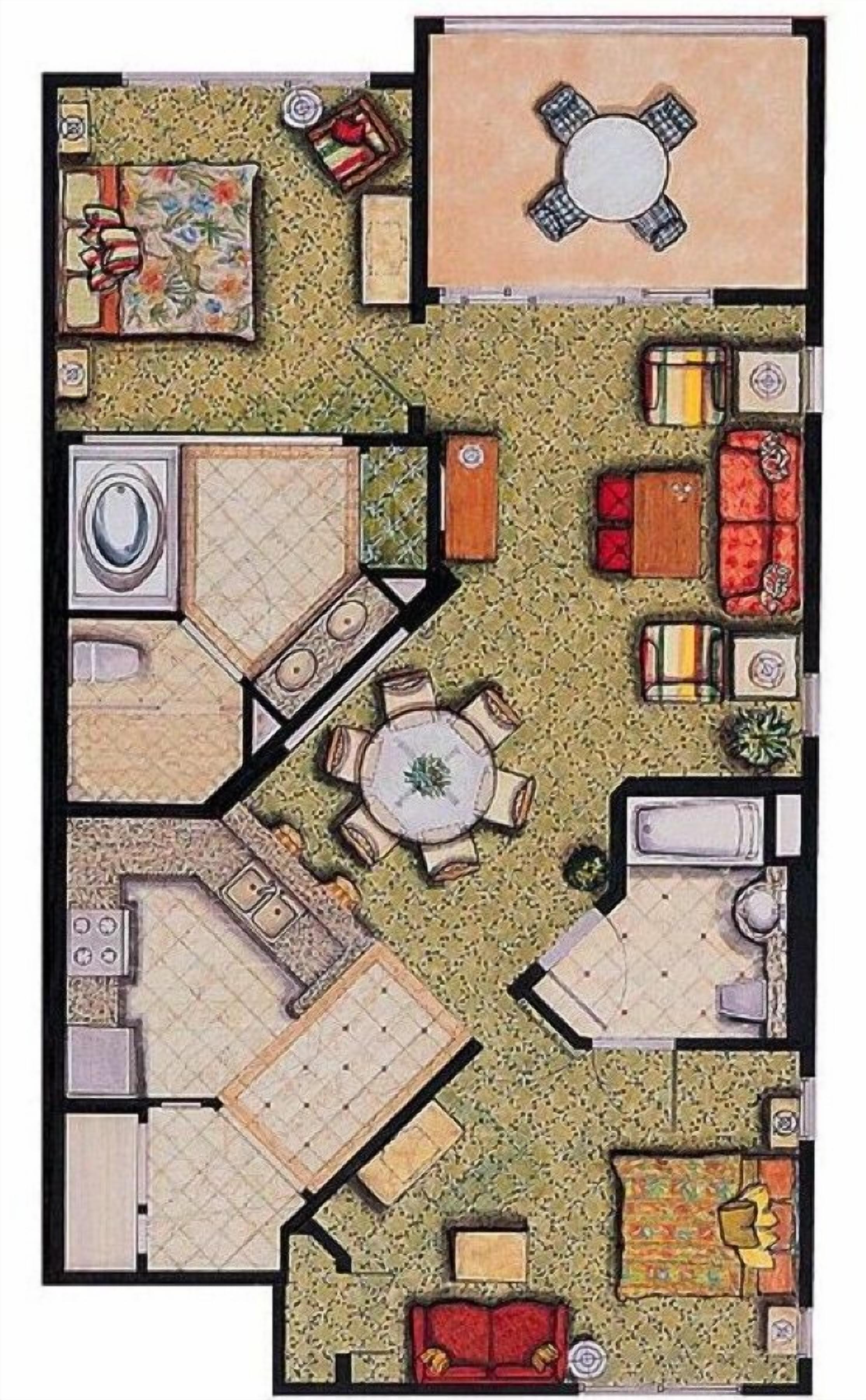 Un plan d’étage d’une chambre d’hôtel comprenant un lit, un coin salon avec une table et des chaises, une salle de bain et une kitchenette.