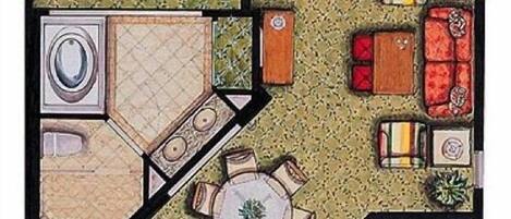 Un plan d’étage d’une chambre d’hôtel comprenant un lit, un coin salon avec une table et des chaises, une salle de bain et une kitchenette.