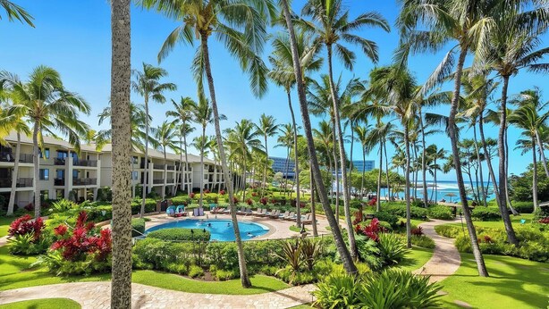 A resort with a swimming pool surrounded by palm trees and a view of the ocean. - Beachfront 6BR, 2 Condos for 16 at Turtle Bay! (Kahuku)