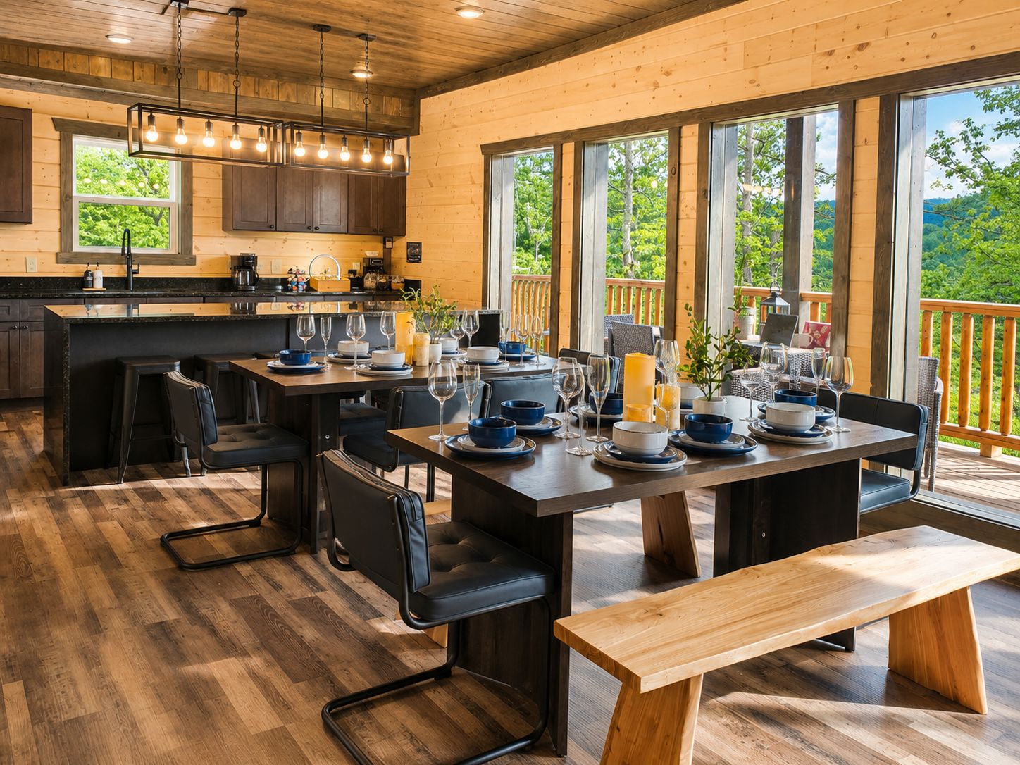 A modern kitchen with wooden cabinets, a large island, and a dining area with a wooden bench and chairs.