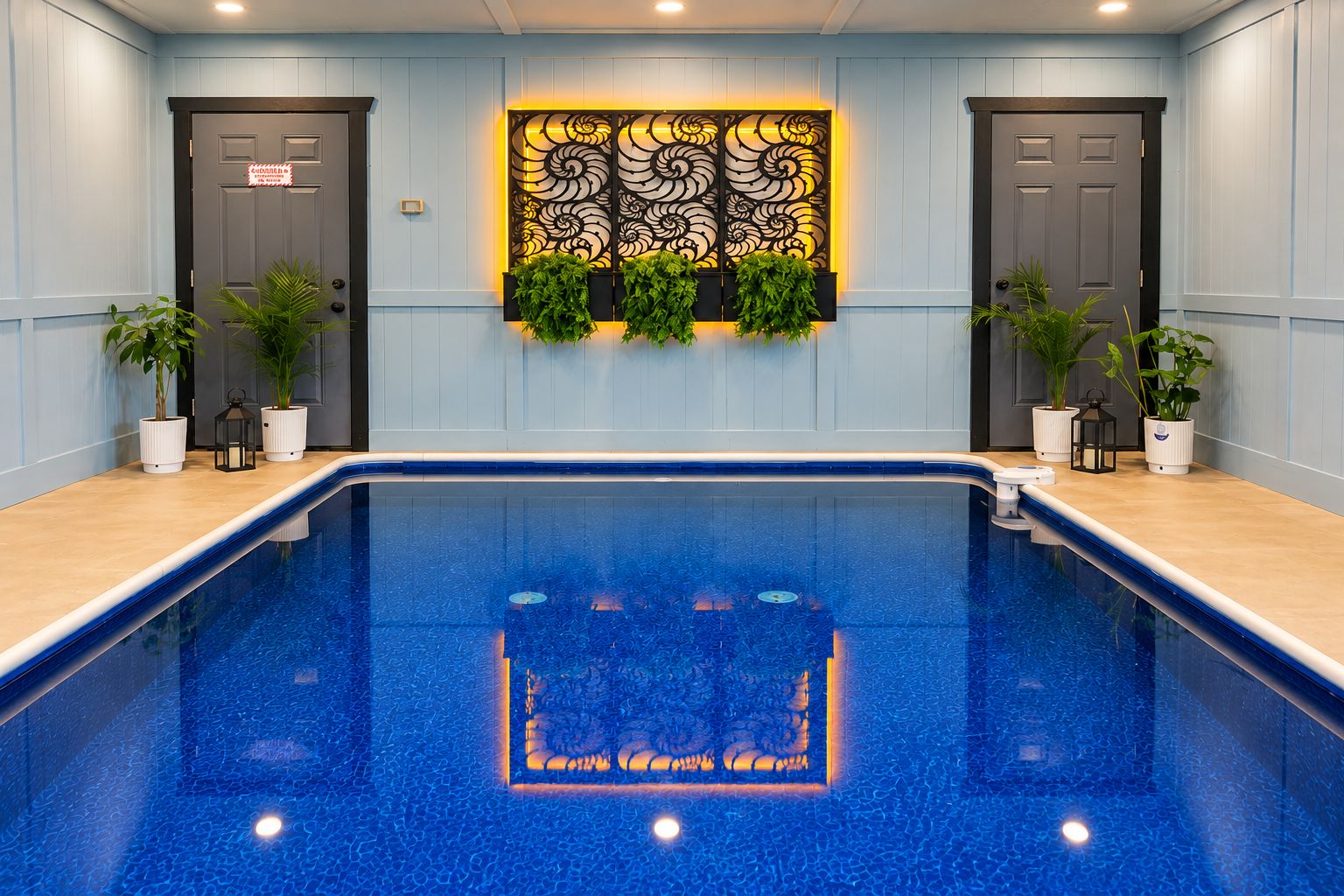 Ein Swimmingpool mit einer Zierwand und zwei Türen.