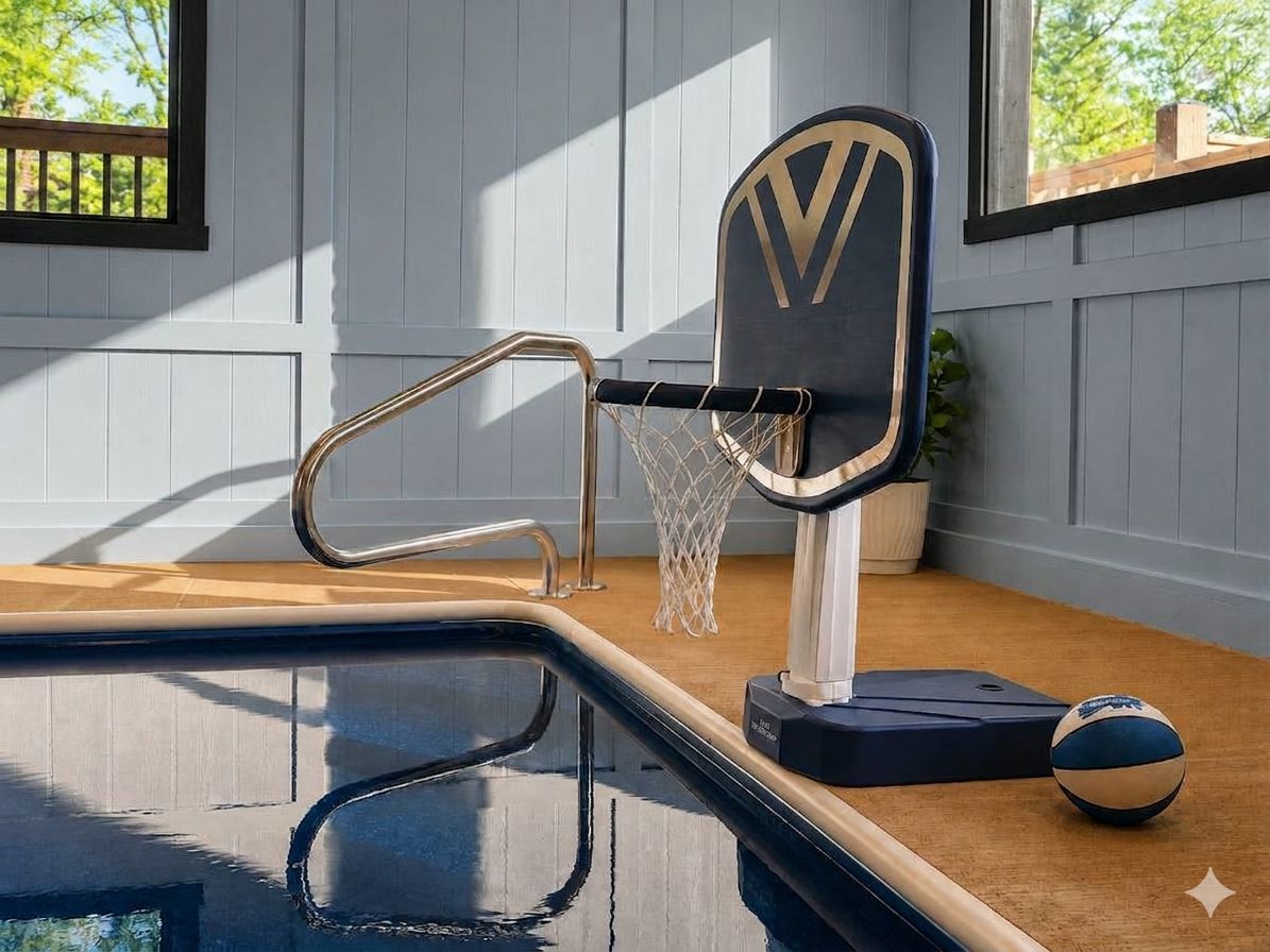 Un espace aménagé au bord de la piscine, comprenant un panier de basket, une piscine et un filet de volley-ball.