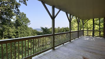 A wooden deck with a metal railing overlooking a forested area.