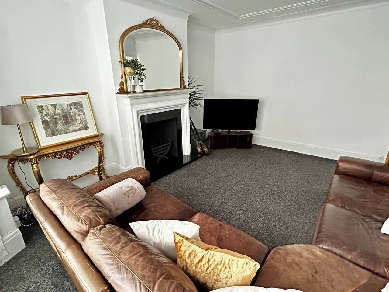 TV, fireplace, books