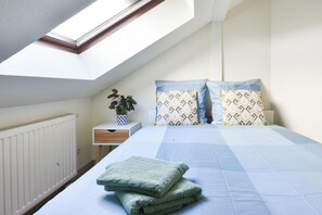 A bedroom with a skylight, a bed with patterned pillows, a bedside table with a plant, and a radiator. - Apogee Mulhousienne - Cozy attic apartment, AC, Wi-Fi (Mulhouse)