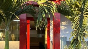A building entrance with a red archway, a pathway leading to the entrance, and two palm trees on either side.