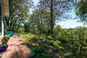 Patio | Seating Area | Garden Views - Serene 10-Acre Nevada City Retreat w Hot Tub! (Nevada City)