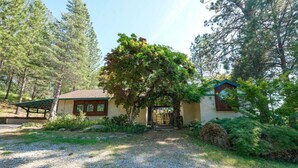 A rustic cabin with a gravel driveway, surrounded by dense trees and greenery. - Serene 10-Acre Nevada City Retreat w Hot Tub! (Nevada City)