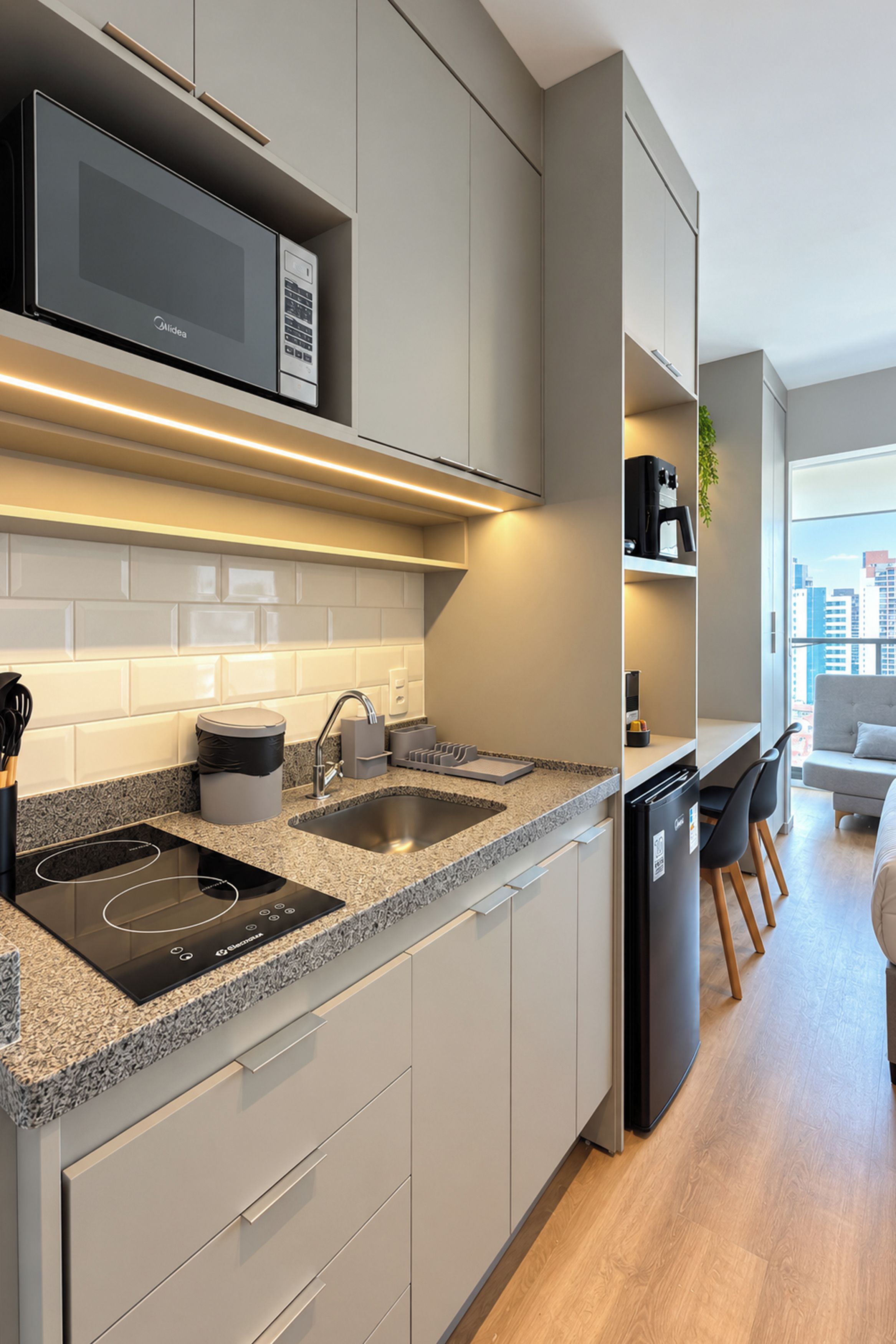 A modern kitchen with a built-in microwave, double sink, and granite countertop.