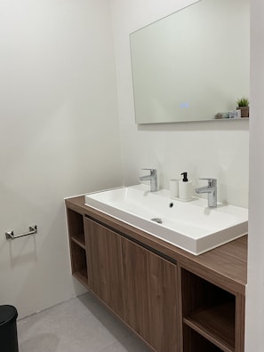 Regadera, secadora de cabello, toallas, papel de baño 