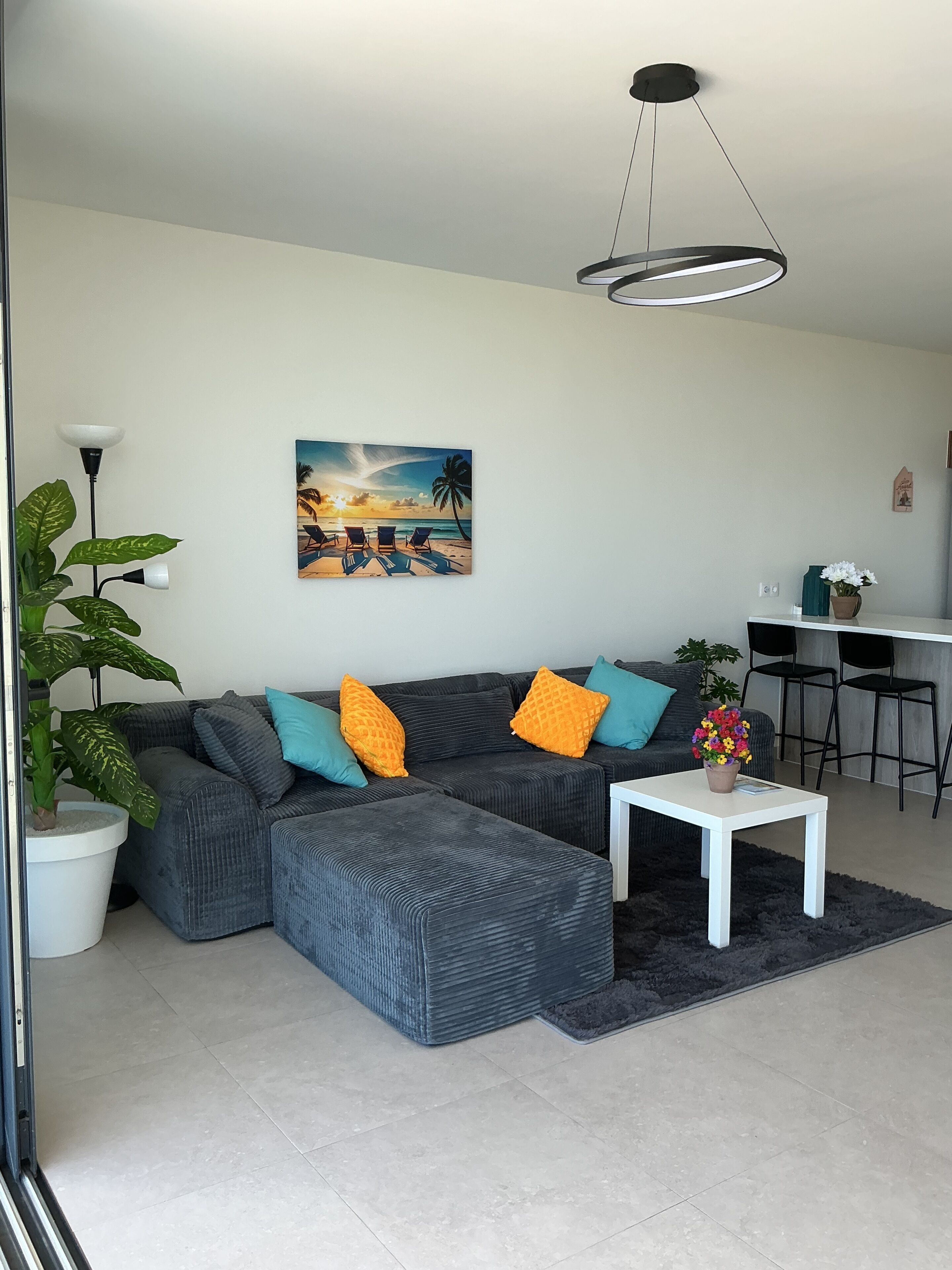 Un salon moderne avec un canapé d’angle, un coin repas et une grande plante en pot.