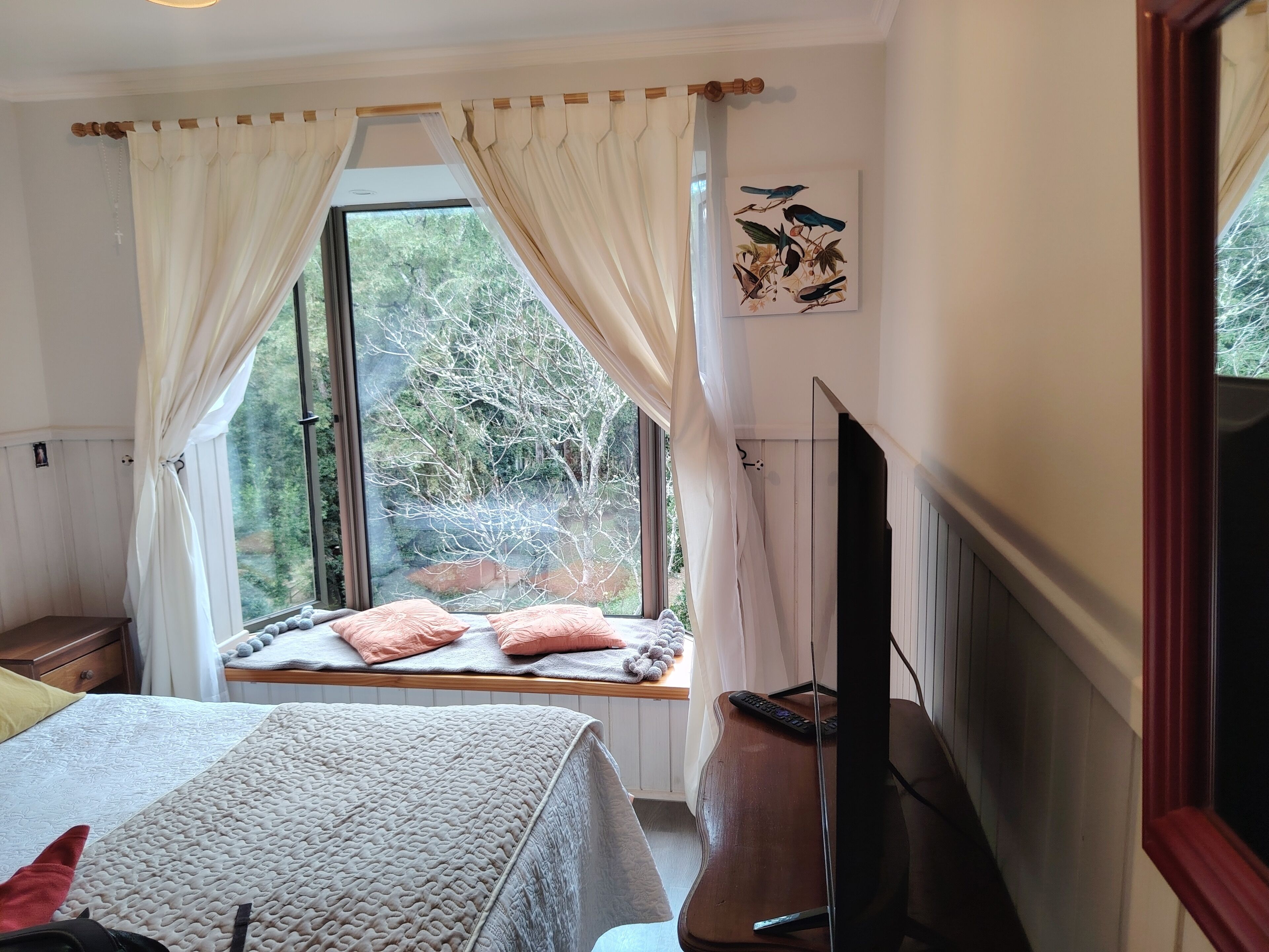 Een slaapkamer met een bed, een raam met gordijnen, een schilderij van vogels en een televisie.
