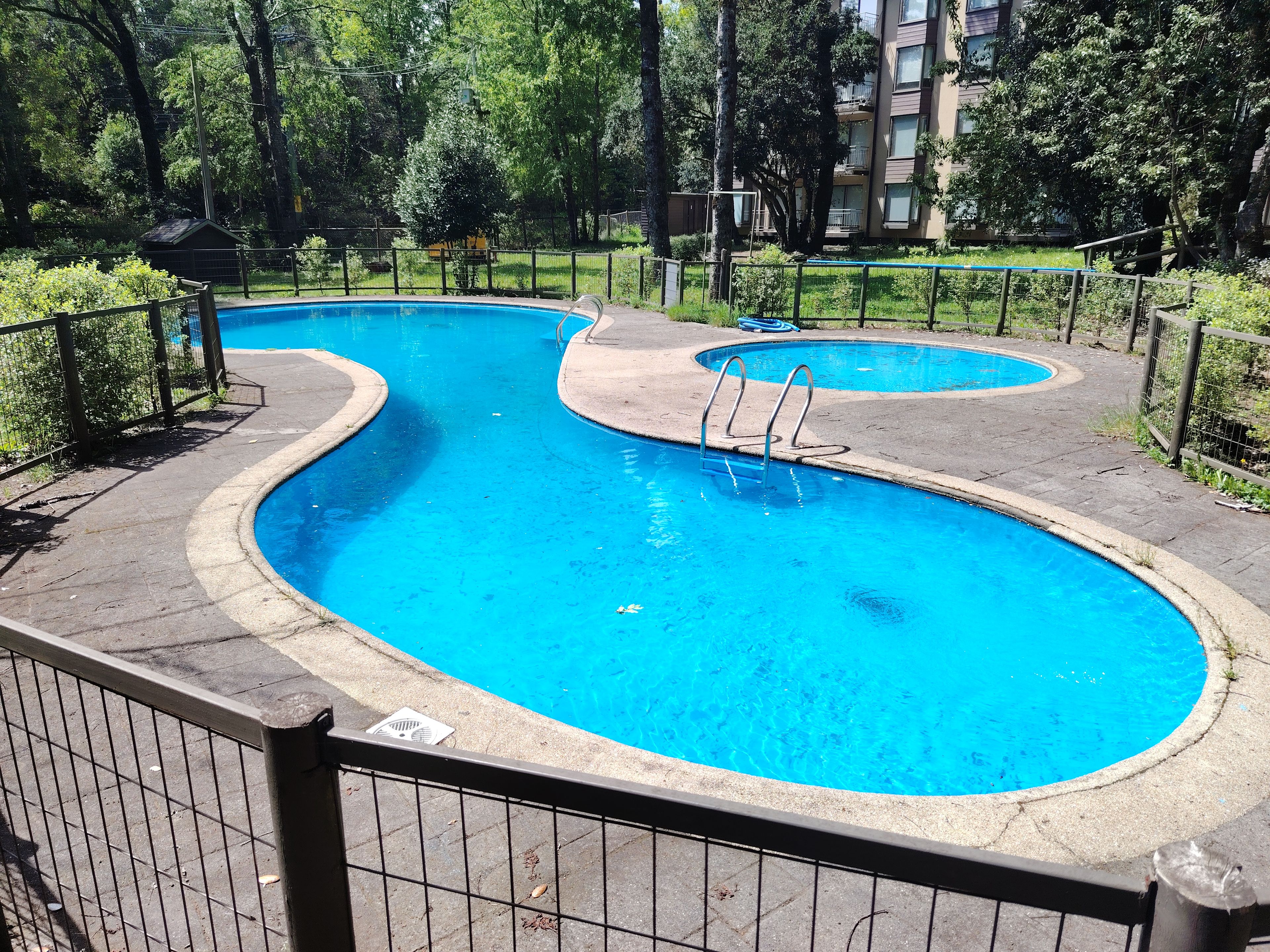 Une piscine au design incurvé, entourée d’une clôture et de verdure.
