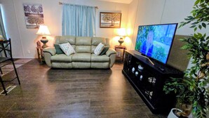 A living room with a sofa, a television, a lamp, and a potted plant. - Charming 2bedroom house in Mission , a few minutes to Shary Rd and La Plaza Mall (Mission)