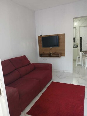 Ein Wohnzimmer mit einem roten Sofa, einem Wandfernseher und einem roten Teppich.
