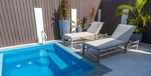 Une piscine avec deux chaises longues et des plantes en pot.