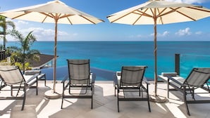 Un espace extérieur ensoleillé, aménagé avec deux parasols, offrant une vue dégagée sur un océan d’un bleu profond.