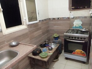 Una cocina compacta con estufa a gas, horno y pileta.