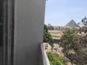 Vista de las pirámides desde un balcón con un muro blanco y algo de vegetación al frente.