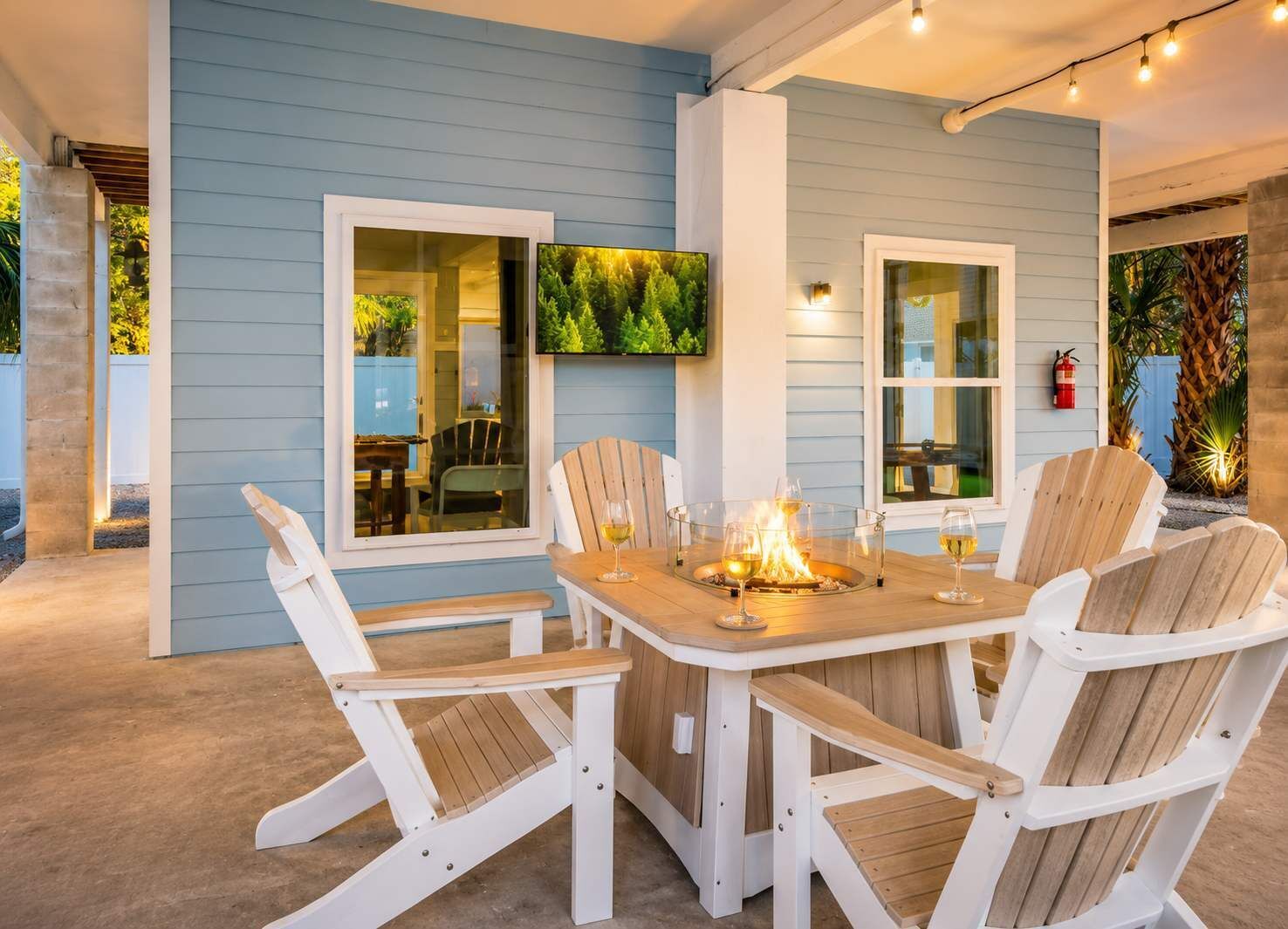 Un espace extérieur aménagé pour les repas, avec une table autour d’un foyer, des chaises blanches et un téléviseur fixé au mur.
