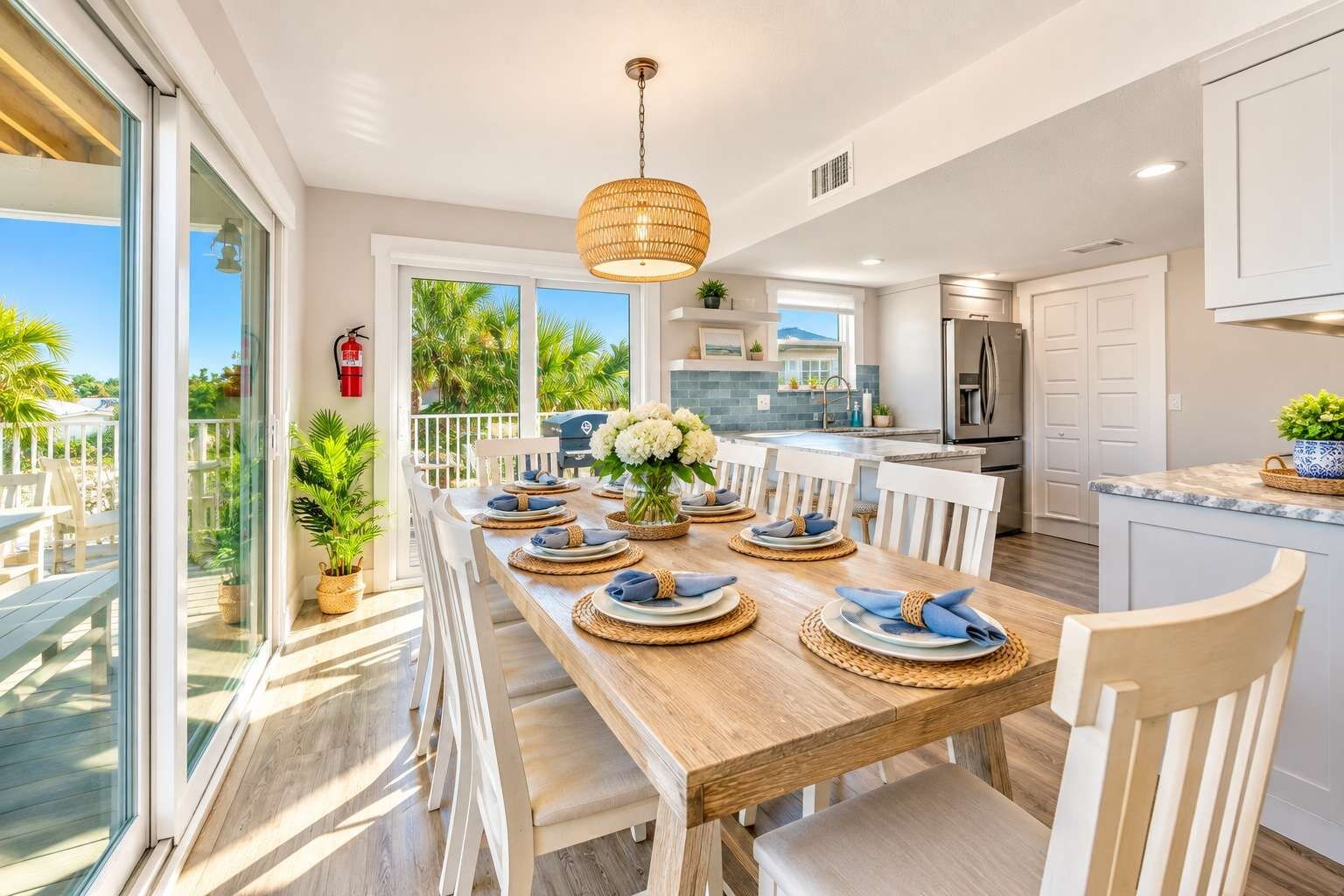 Una cocina moderna con comedor, ventanas amplias y vistas al exterior.