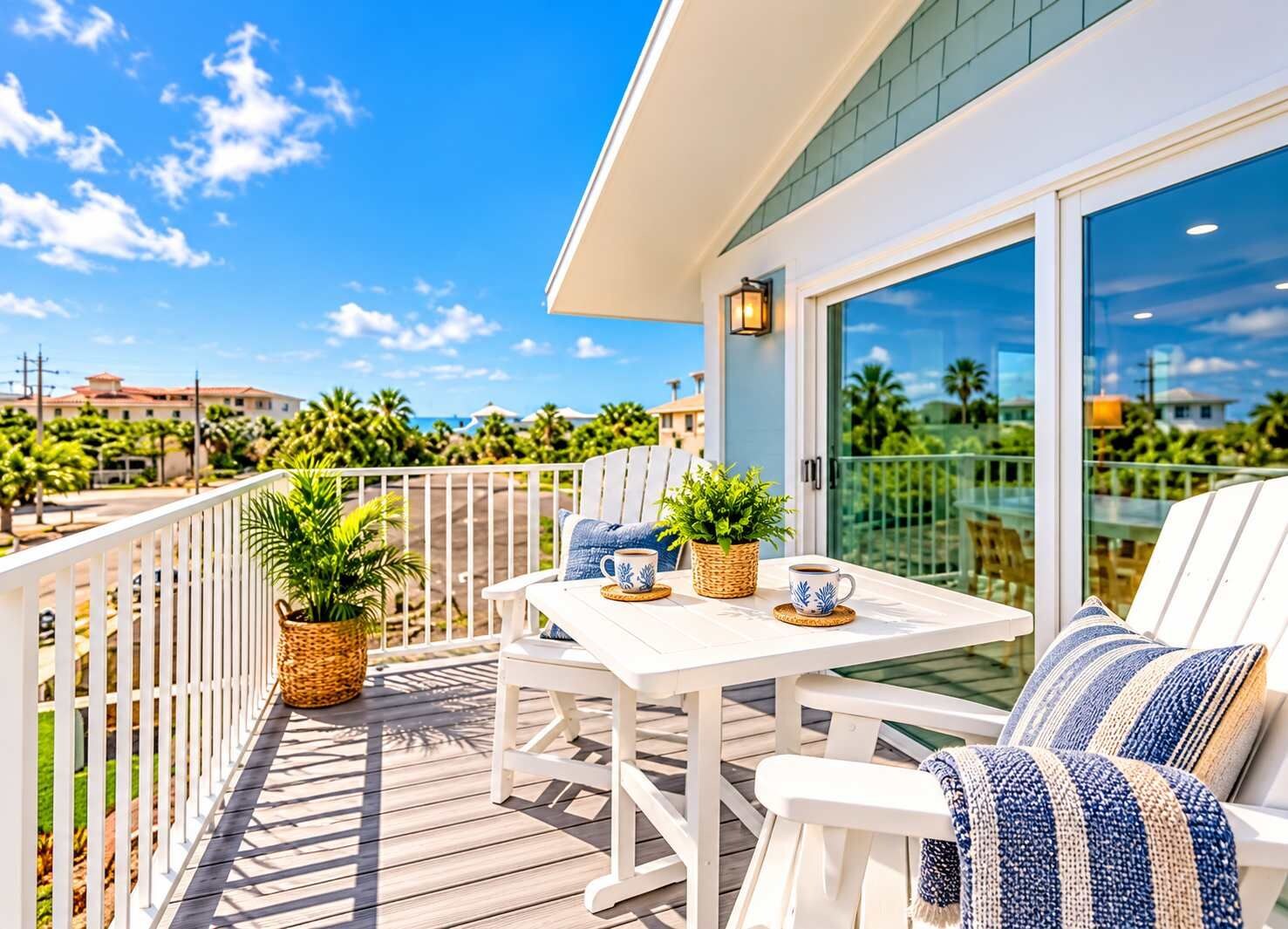 A balcony with a table and chairs, potted plants, and a view of the ocean and palm trees.
