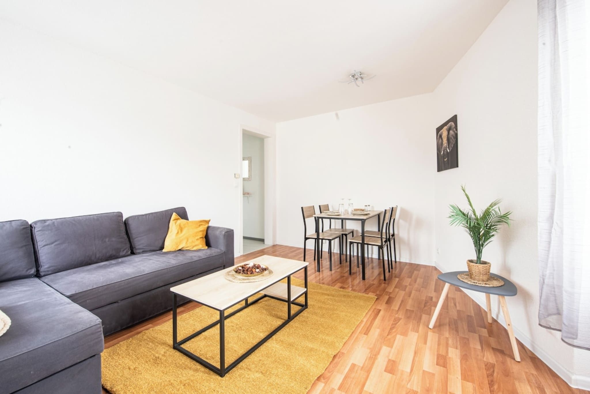 Un salon moderne avec un canapé gris, une table basse, une table à manger avec des chaises et une petite table d’appoint sur laquelle est posée une plante.