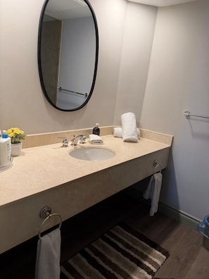 Douche, séchoir à cheveux, serviettes fournies, savon