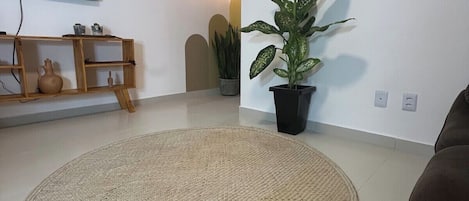 Una sala de estar con televisor de pantalla plana, un tapete redondo tejido, una planta en maceta y un aplique de pared.