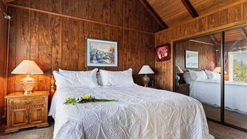 A bedroom with a large bed, wooden walls, a nightstand with a lamp, and a mirror reflecting the room.