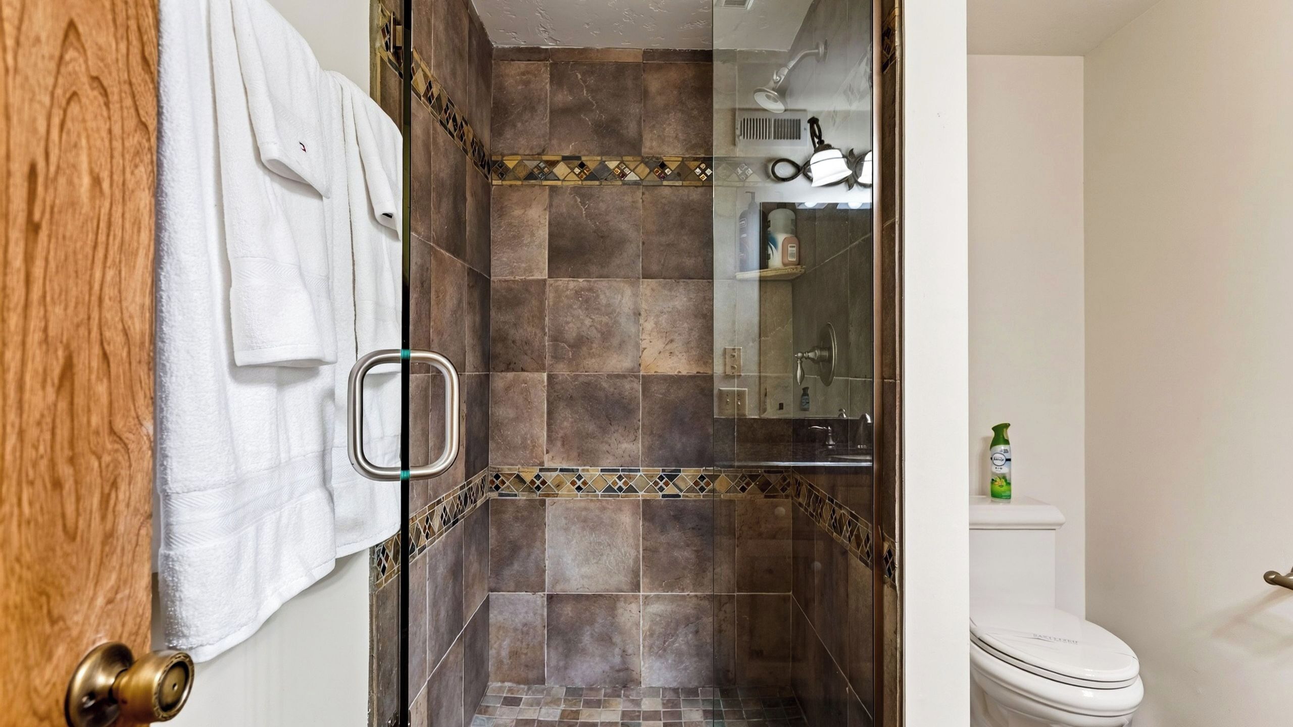 A bathroom with a shower, a toilet, and a towel rack.