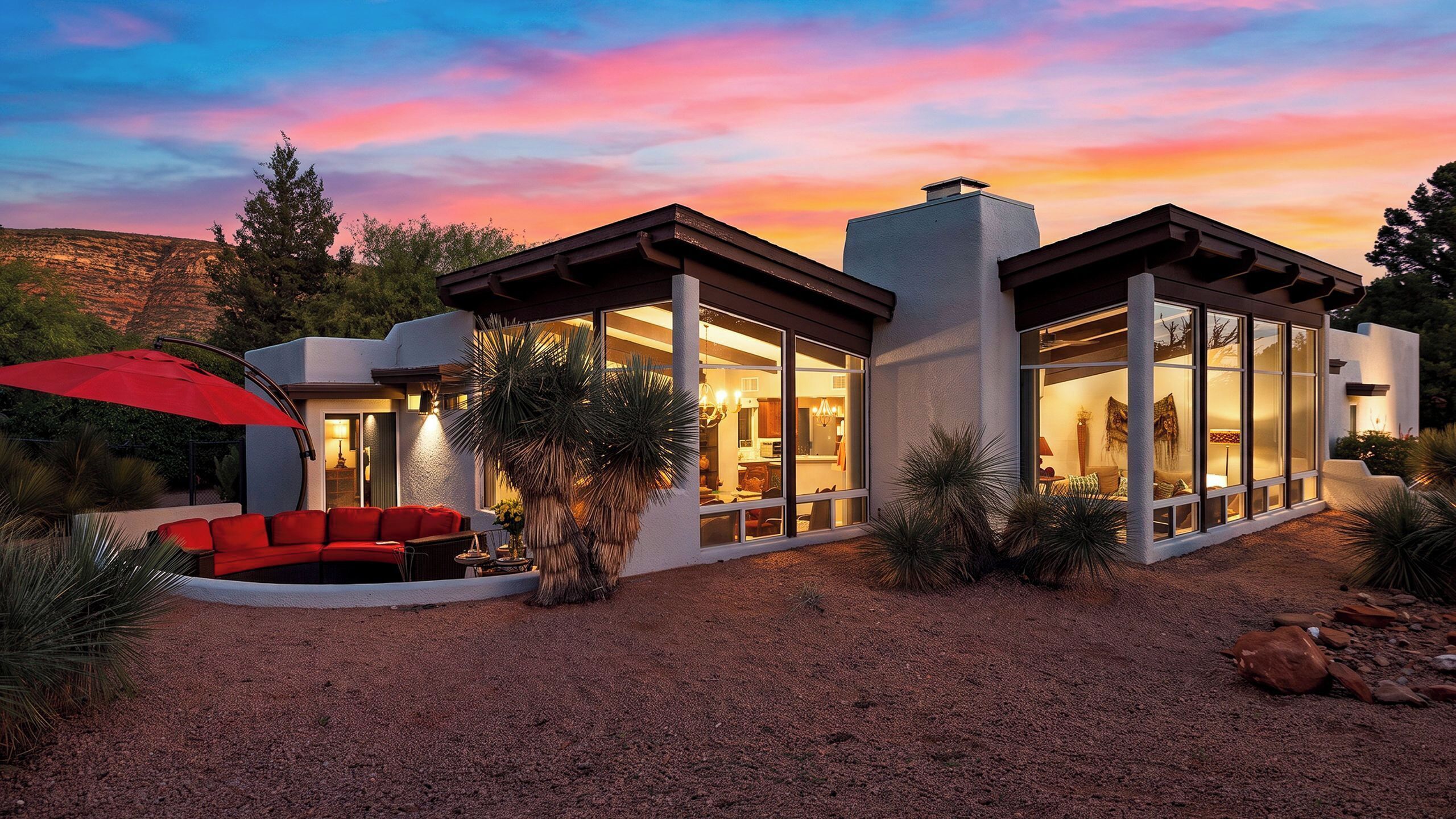 A modern house with large glass windows, a red outdoor seating area, and a desert landscape in the background.