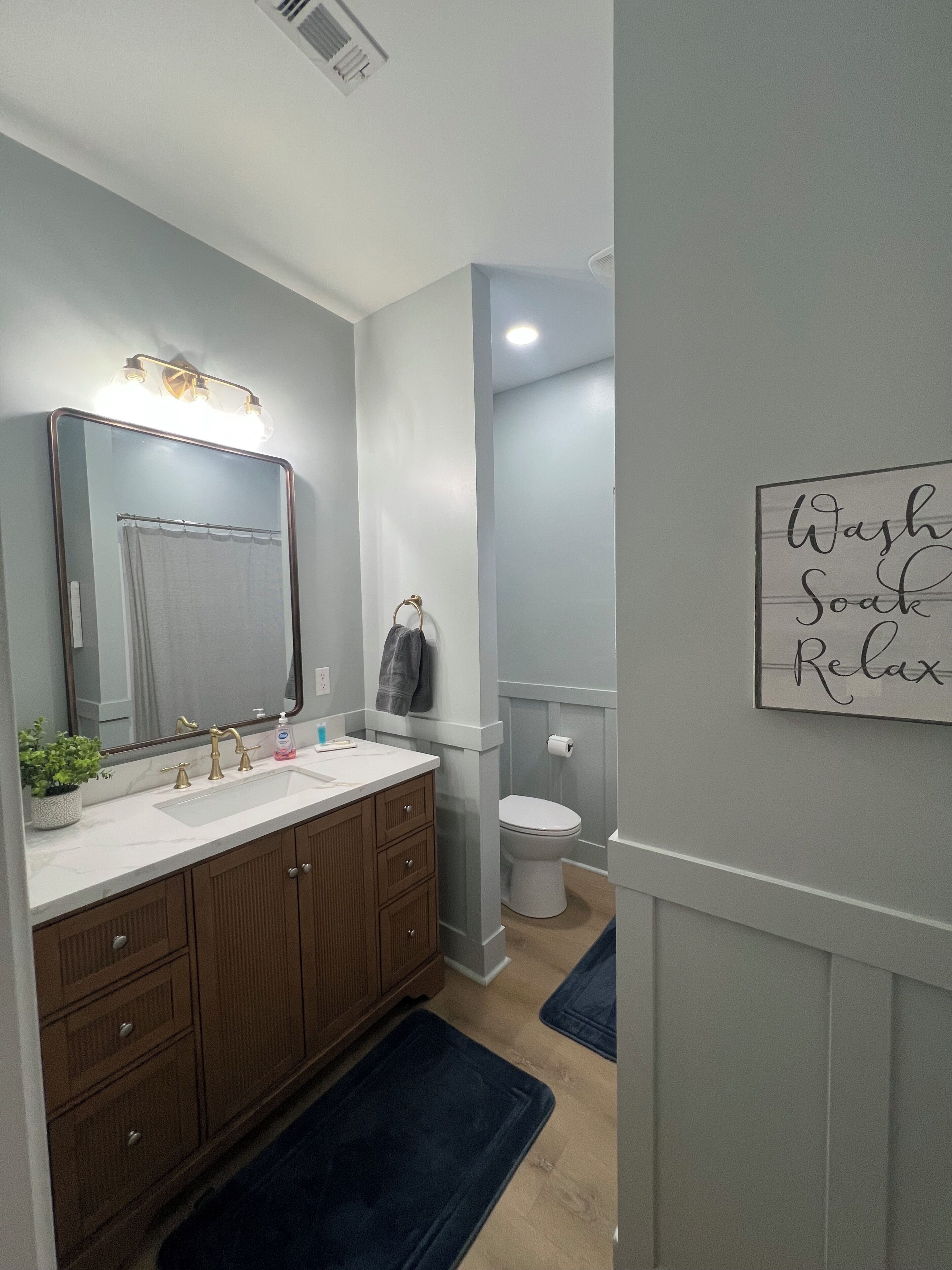 Hair dryer, towels, soap, toilet paper