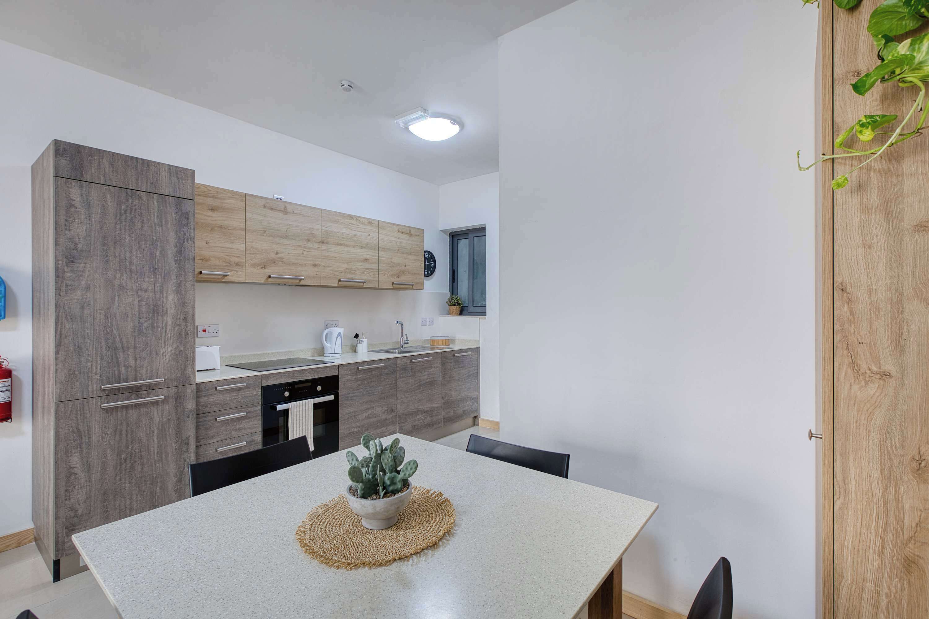 A modern kitchen with wooden cabinets, a built-in oven, and a dining table with a cactus centerpiece.
