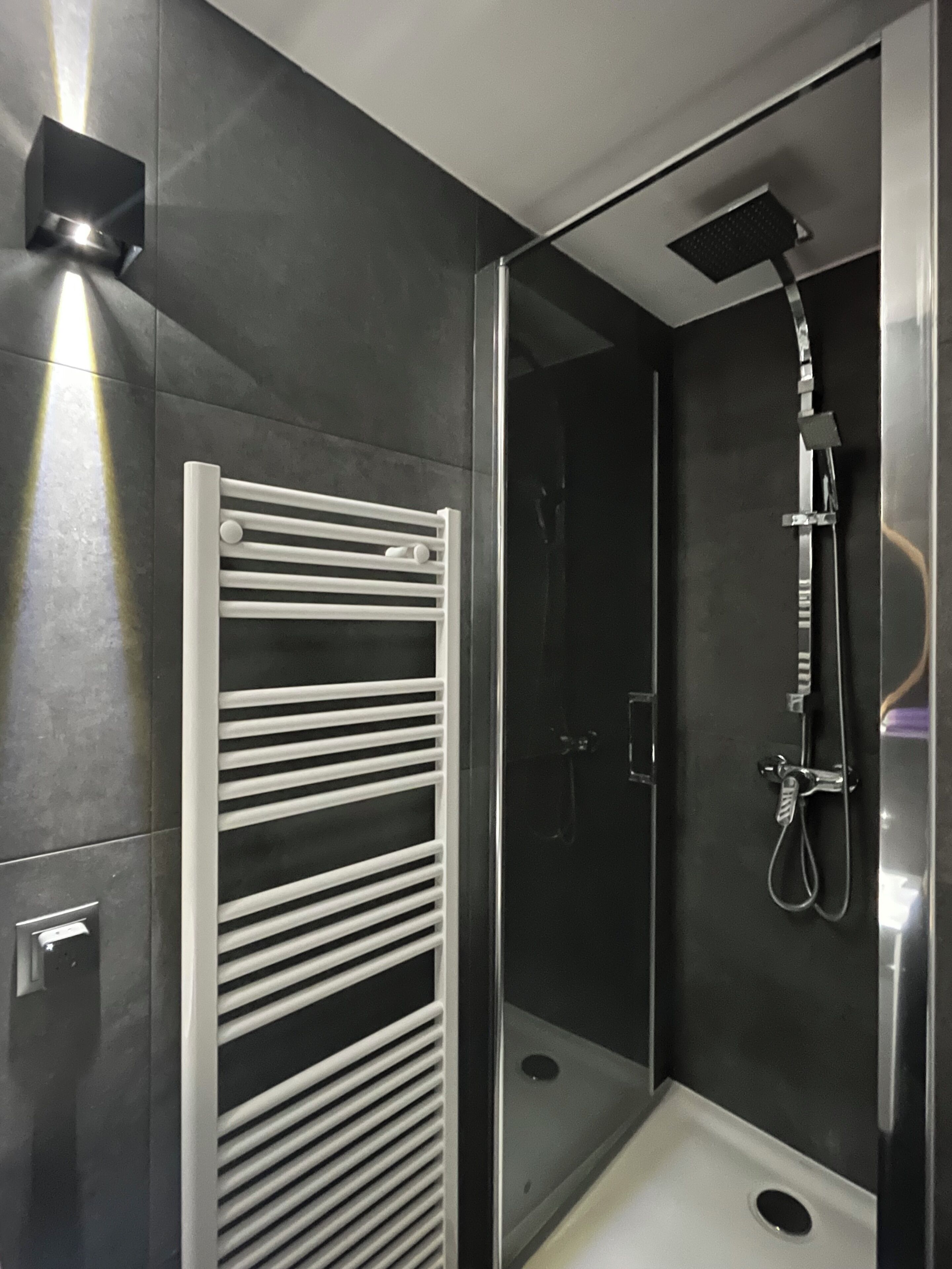 A modern bathroom with a glass-enclosed shower, a white towel rack, and a control panel.