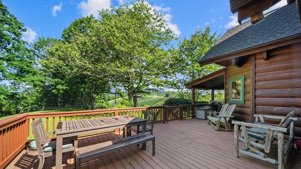 Une terrasse en bois, aménagée avec du mobilier d’extérieur, notamment une table et des chaises, qui offre une vue sur un paysage verdoyant et luxuriant.